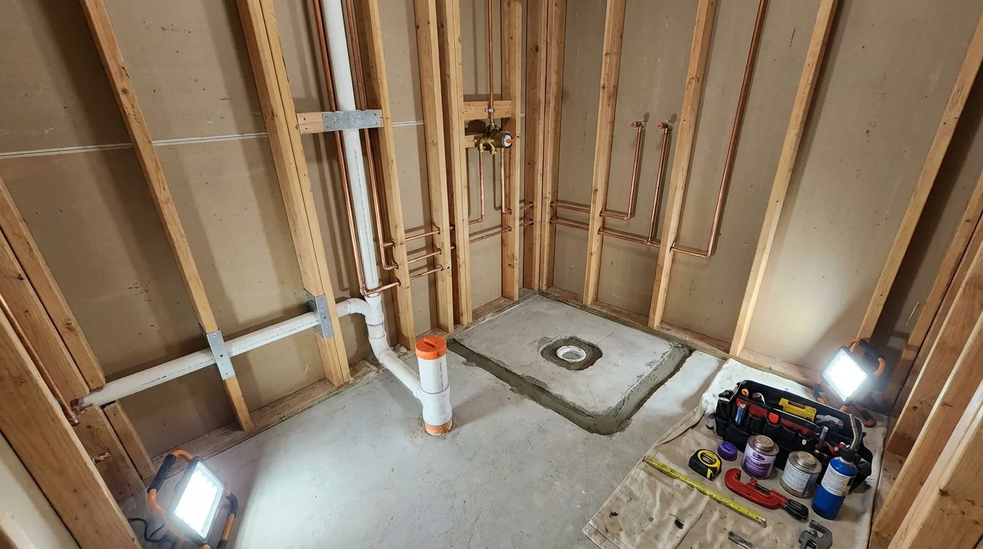 Bathroom rough-in plumbing during remodel by Johns Plumbing LLC in Wrens