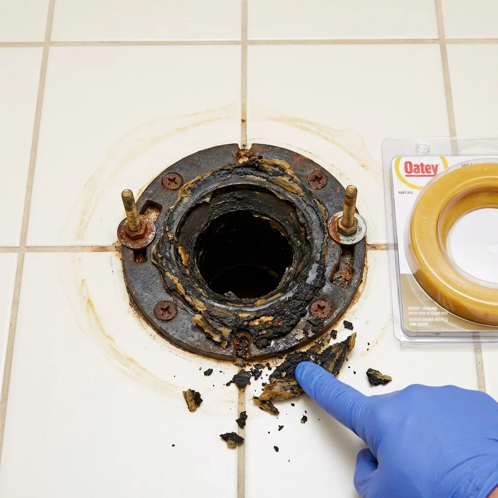 Failed wax ring showing water seepage at the base of a toilet in a Wrens, GA home