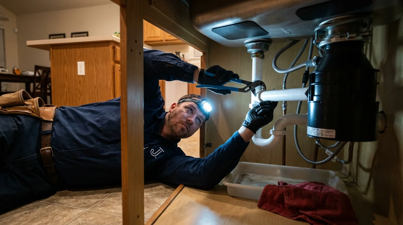 P-trap and supply line connections under a kitchen sink showing a common leak point in Wrens, GA